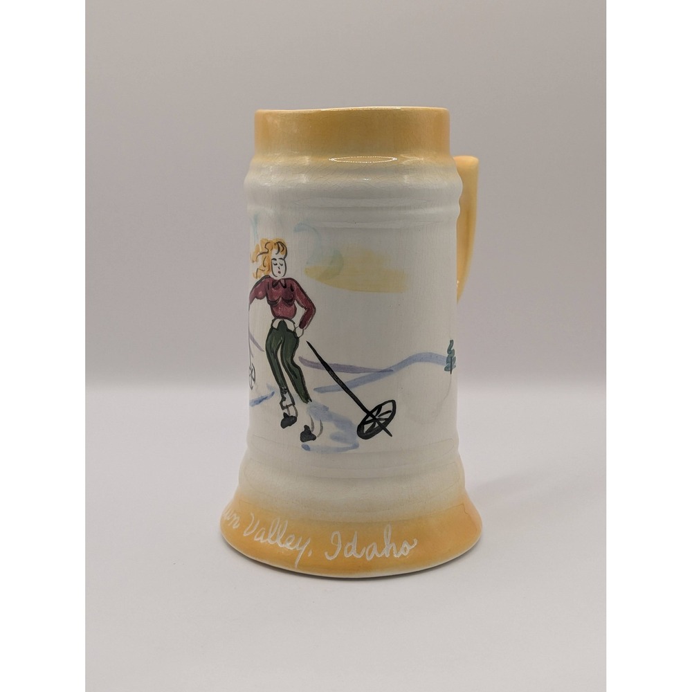Vintage Sun Valley Idaho Skier Ceramic Beer Stein Souvenir Mug Hand Painted 6"